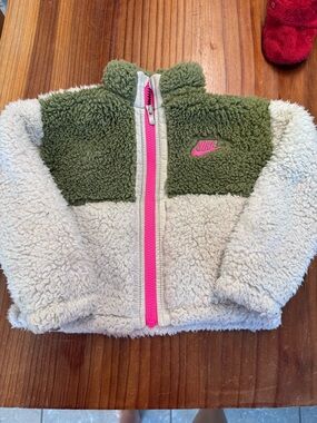 Nike Toddler Olive & Cream Sherpa Jacket with Pink Trim